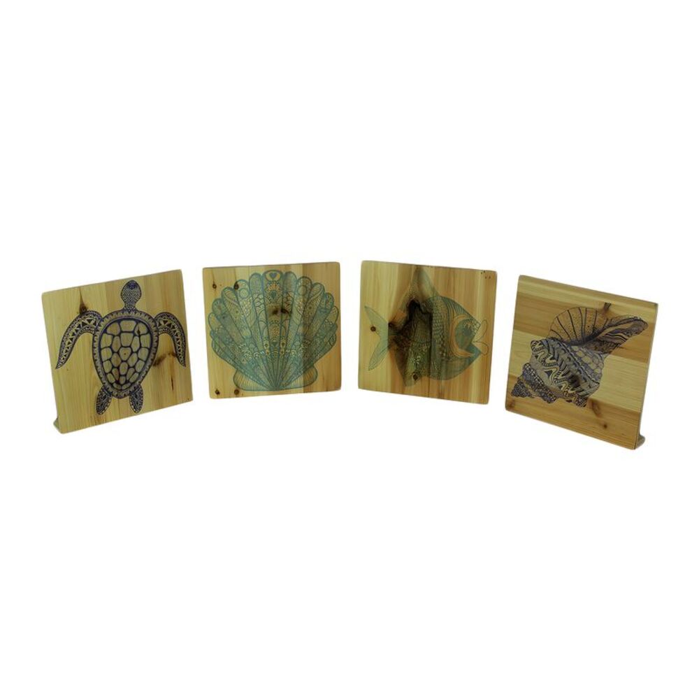 Set of 4 Wood Turtle Fish and Shell Blocks